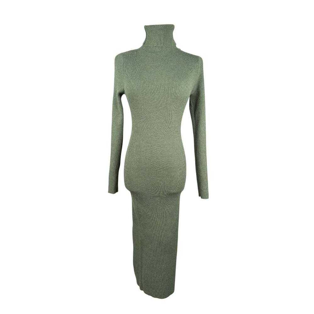 Few Moda Olive Green Ribbed Knit Turtleneck Midi Sweater Dress Sz. S